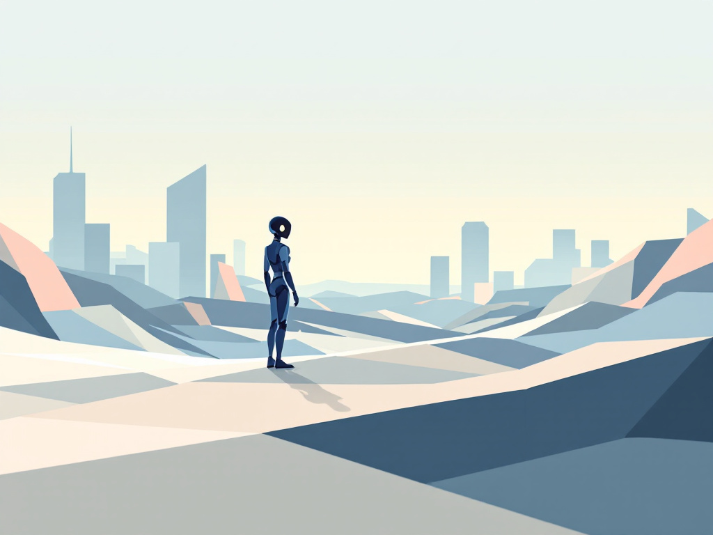 A clean, minimalist illustration of a digital assistant in a futuristic landscape.