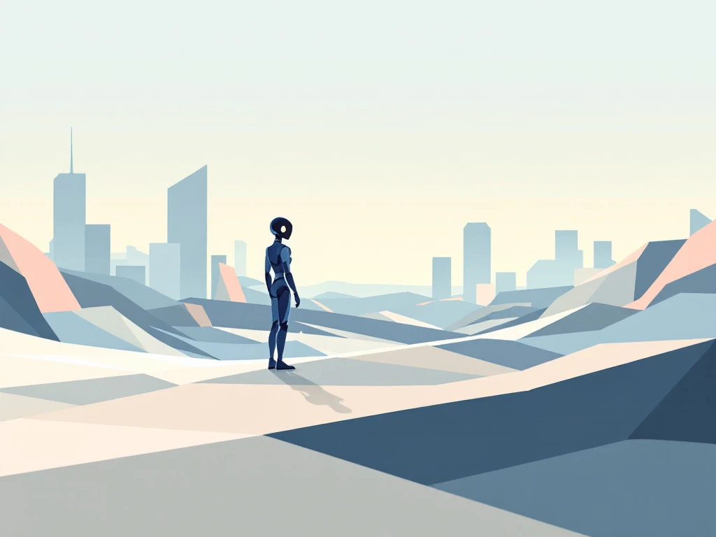 A clean, minimalist illustration of a digital assistant in a futuristic landscape.