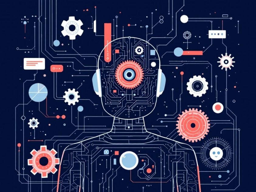 A minimalist illustration of a digital assistant with gears and circuits representing beliefs, desires, and intentions.