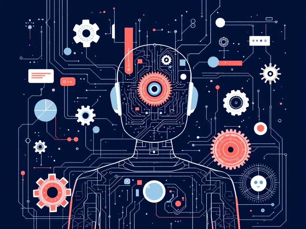 A minimalist illustration of a digital assistant with gears and circuits representing beliefs, desires, and intentions.