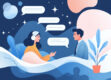 Minimalist graphic illustrating digital conversation between a human and a virtual assistant.