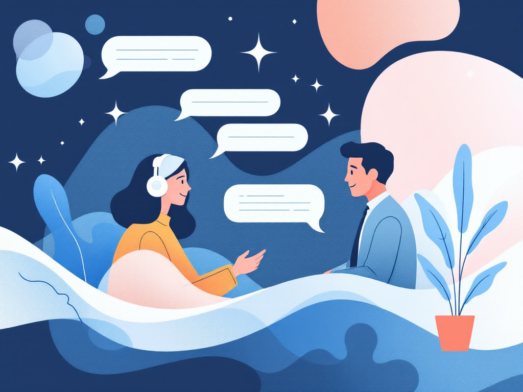 Minimalist graphic illustrating digital conversation between a human and a virtual assistant.