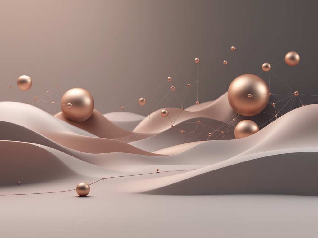 A sleek, minimalist digital landscape featuring interconnected geometric shapes and forms in muted, metallic colors.