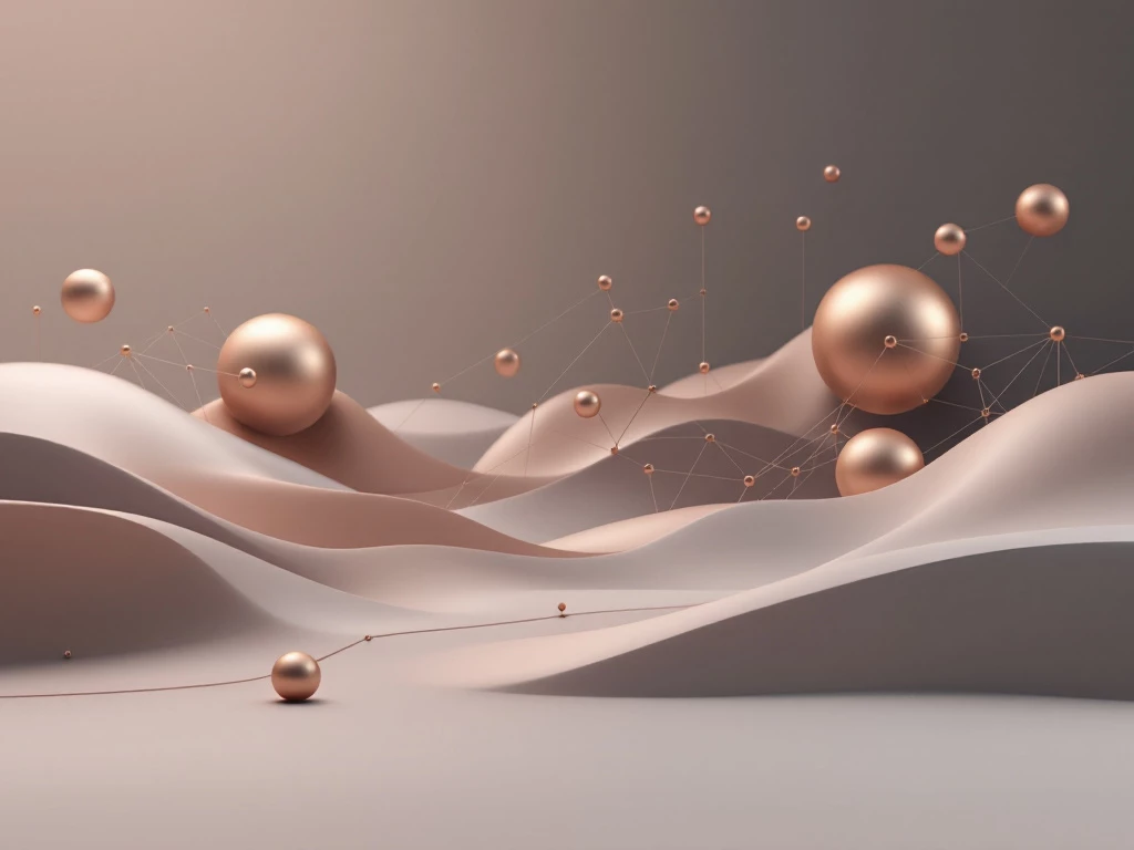 A sleek, minimalist digital landscape featuring interconnected geometric shapes and forms in muted, metallic colors.