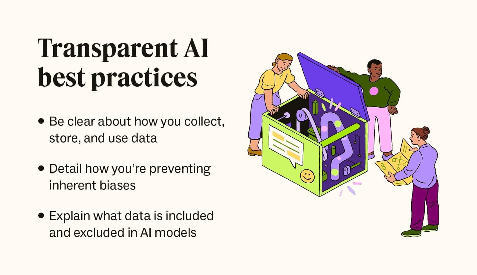 A diverse group collaborating around a colorful box on AI transparency.