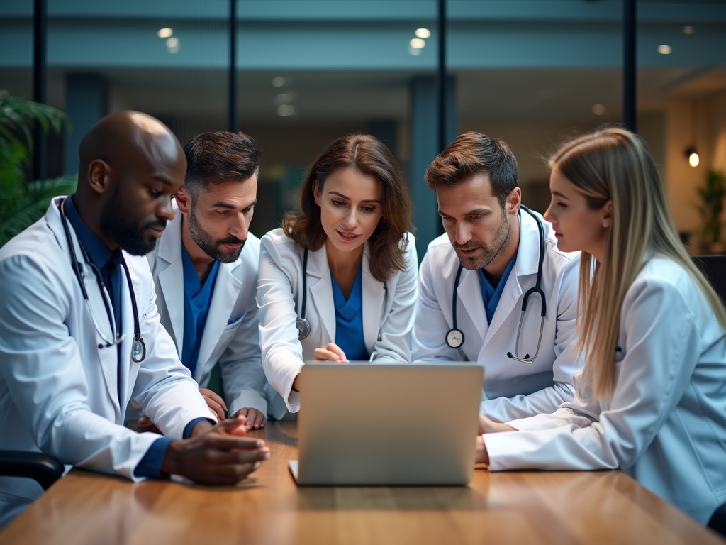 A diverse group of healthcare professionals discussing around a laptop.