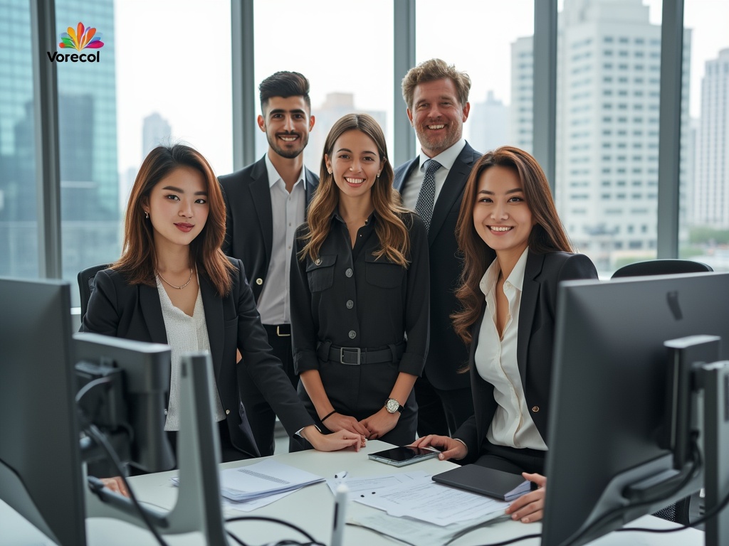 A diverse group of professionals in a modern office setting