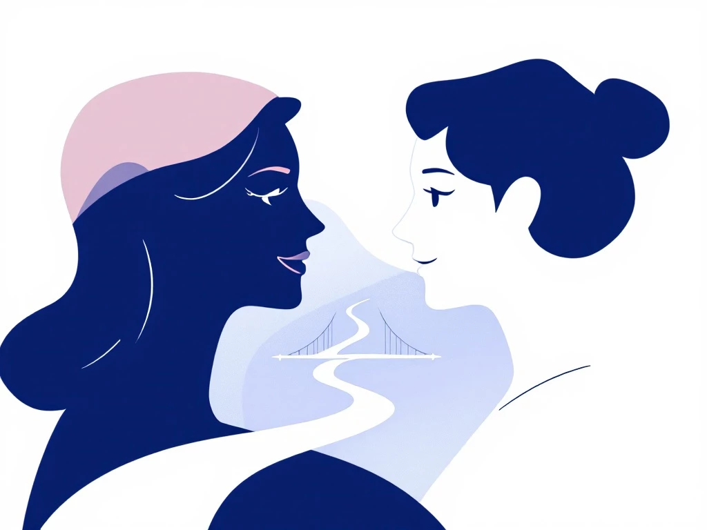 A sleek illustration of two stylized human figures connected by an abstract bridge representing multilingual communication.