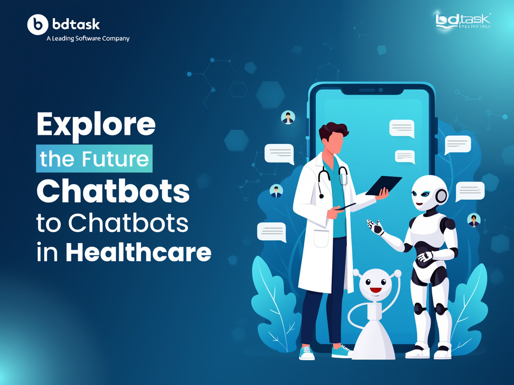 A doctor in a lab coat with a friendly chatbot and smartphone.