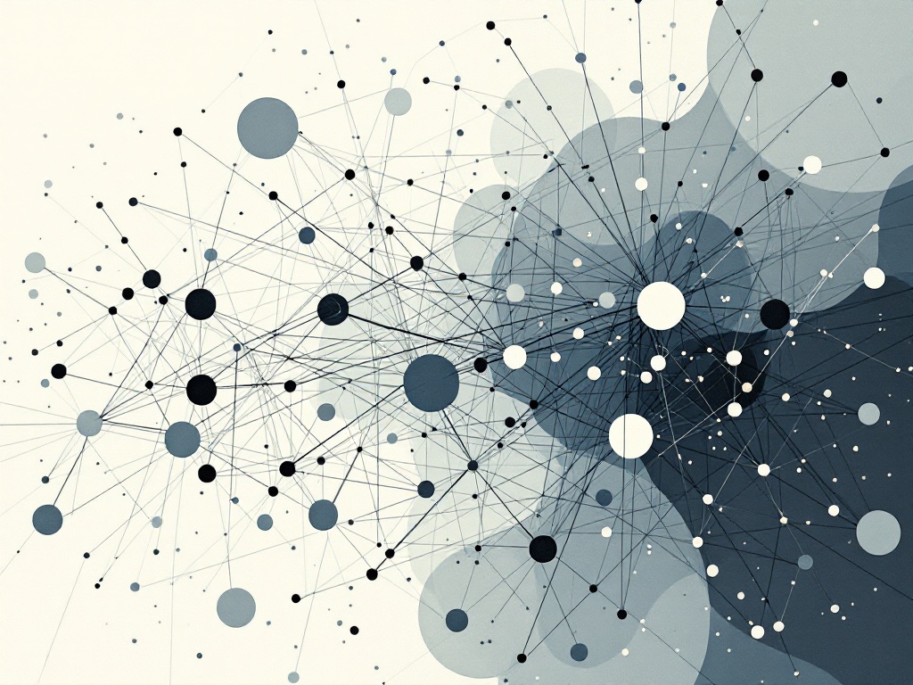 A minimalist illustration showcasing a network of interconnected nodes and lines representing an economic system.