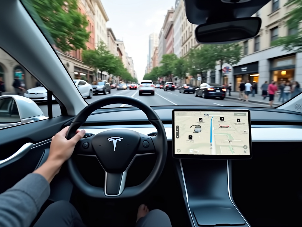 Interior view of a Tesla with self-driving features in a city.