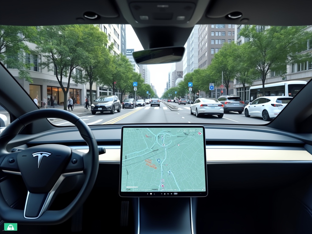 Interior of an electric car with self-driving technology showing a city.