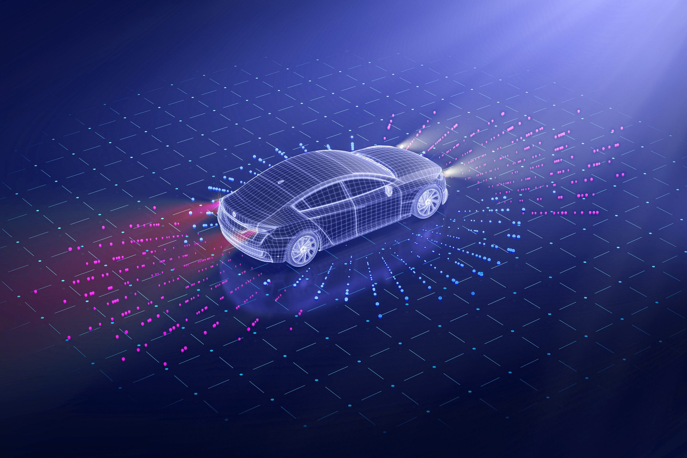 Futuristic electric car wireframe with glowing data points