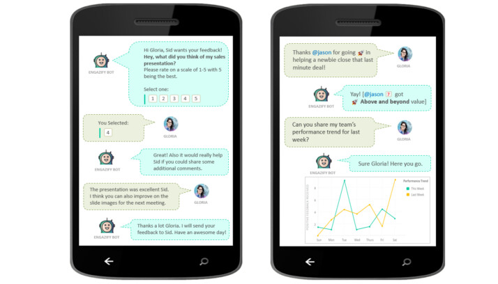 Two smartphones showing a chatbot conversation about sales feedback.