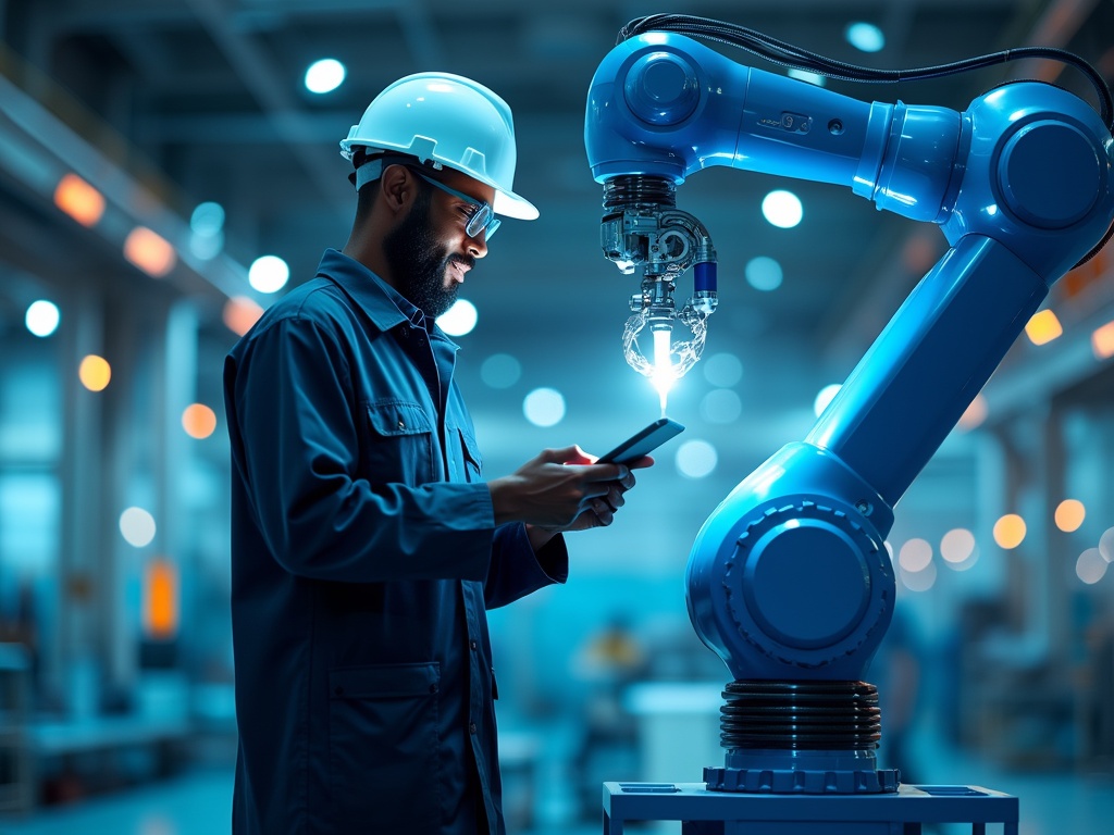 A Black male engineer interacting with a blue robotic arm.