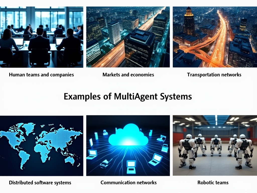 Collage of images showcasing multi-agent systems applications.