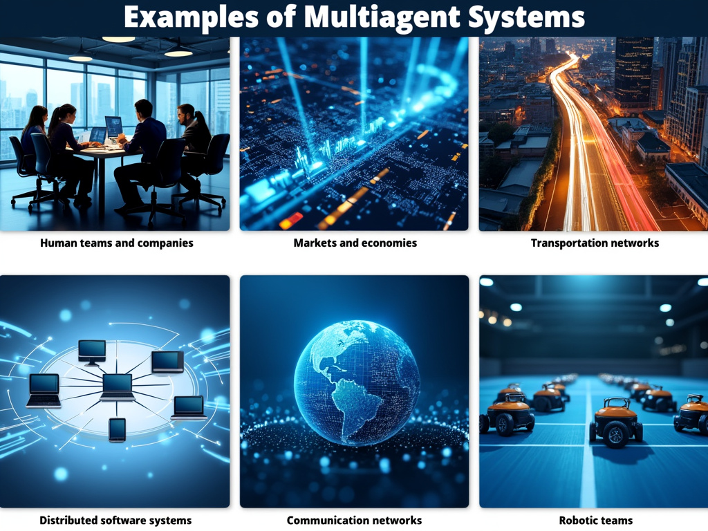 A collage showcasing various real-world applications of multi-agent systems.