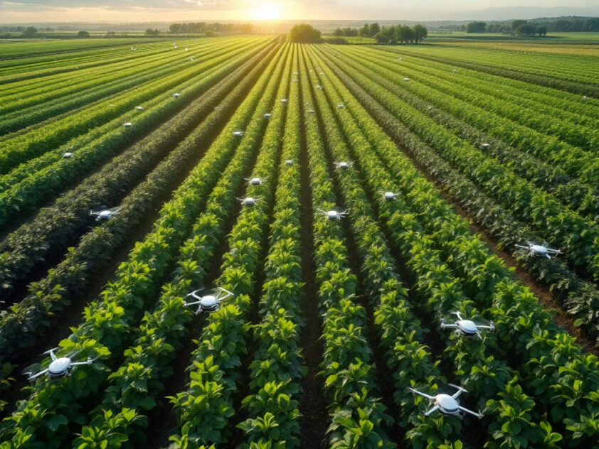 An expansive agricultural landscape with lush green crops and robotic devices working in harmony.