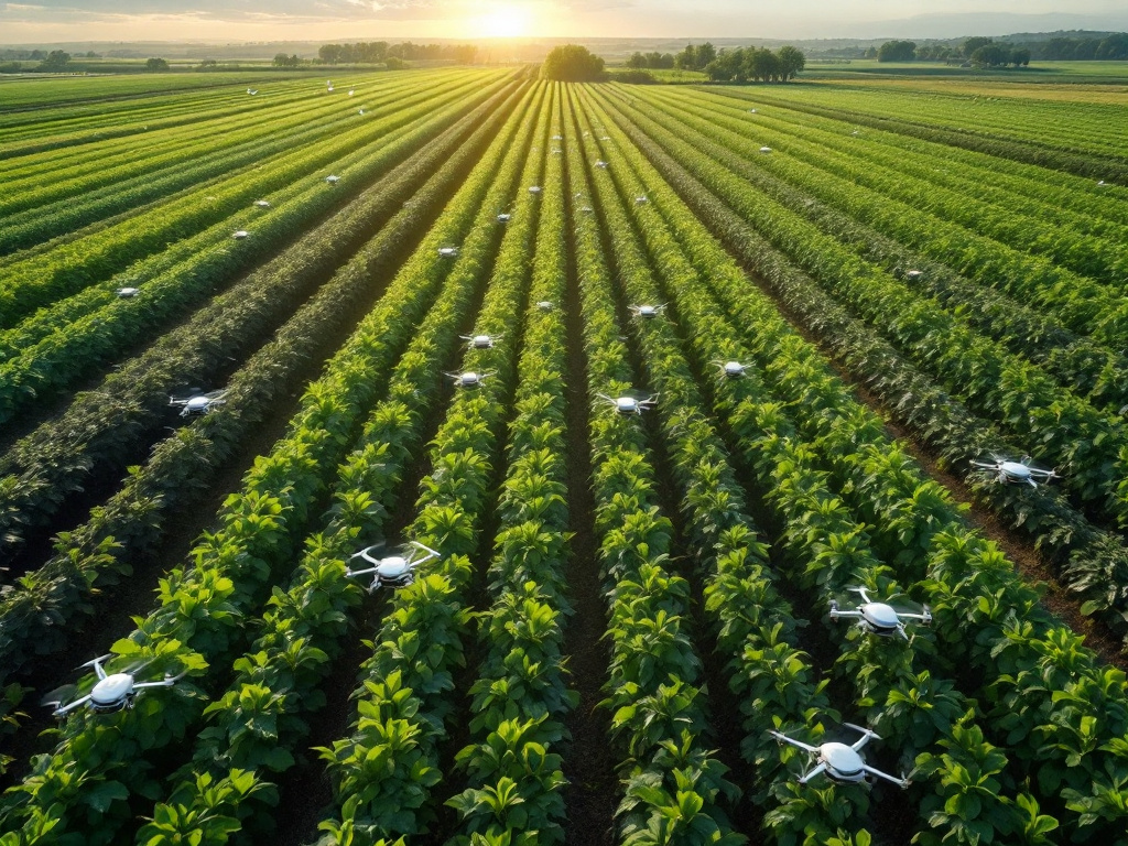 An expansive agricultural landscape with lush green crops and robotic devices working in harmony.