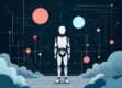 A faceless robotic figure in a minimalist geometric landscape symbolizing the digital world and intelligent agents.