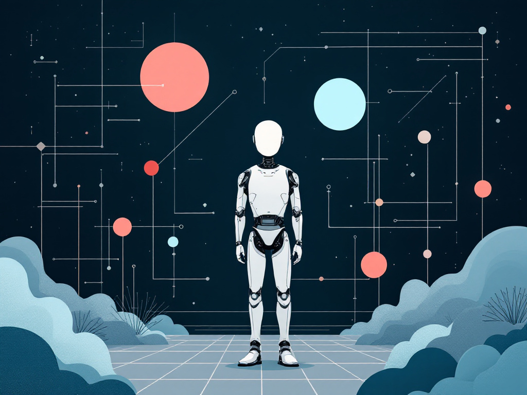 A faceless robotic figure in a minimalist geometric landscape symbolizing the digital world and intelligent agents.