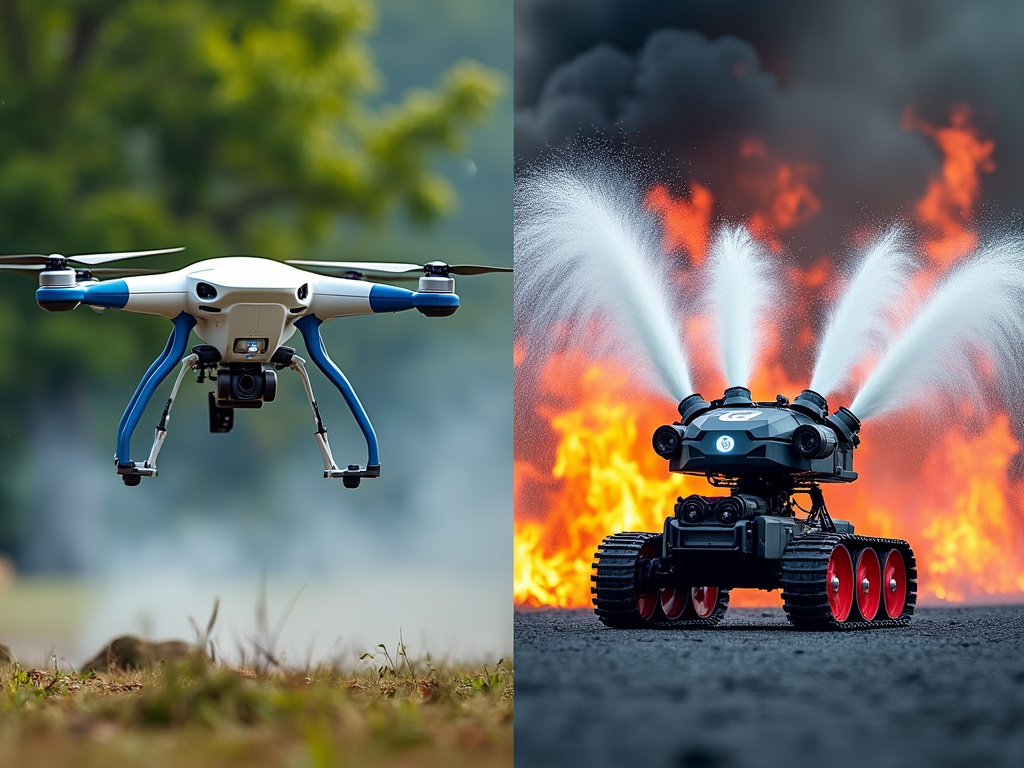 A drone and an autonomous firefighting robot combating flames.