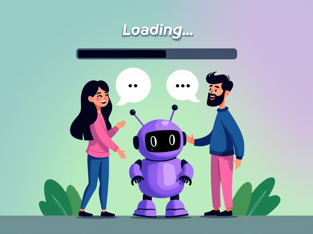 Two diverse individuals interact with a friendly chatbot while it loads.