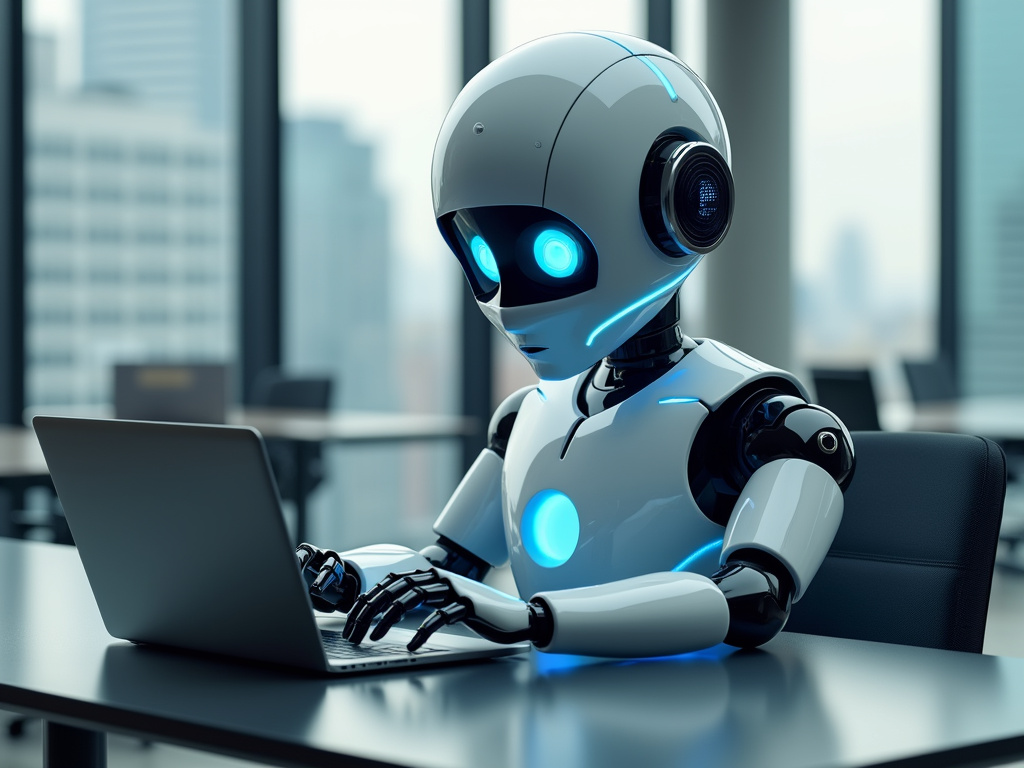 A friendly-looking robot with a headset using a laptop in an office.