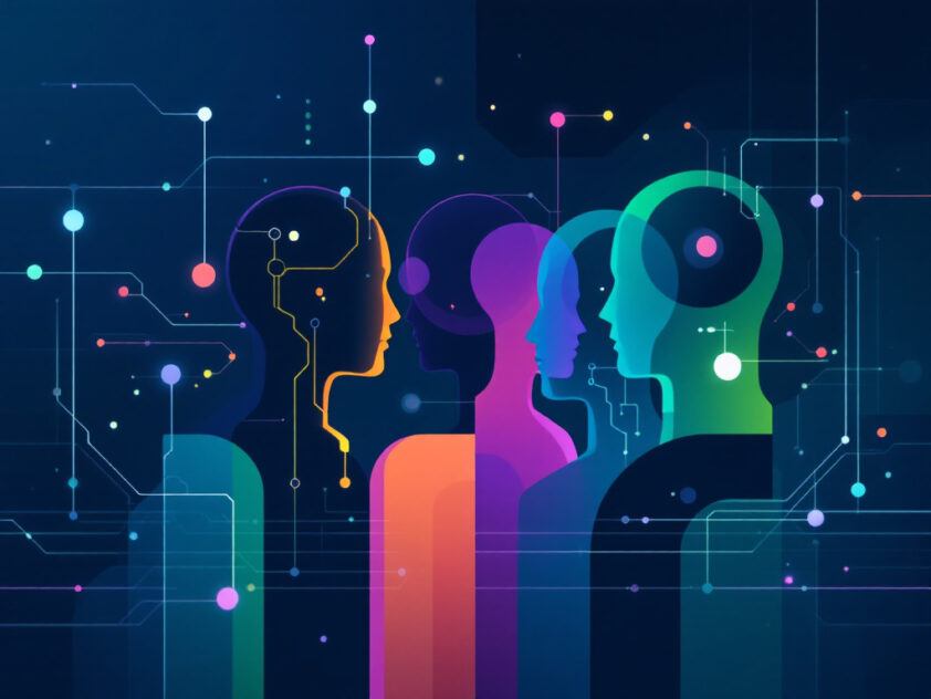 A sleek, futuristic illustration of a team of vibrant, abstract AI agents represented as minimalist geometric shapes in various colors.