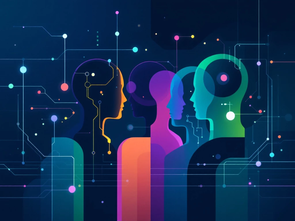 A sleek, futuristic illustration of a team of vibrant, abstract AI agents represented as minimalist geometric shapes in various colors.
