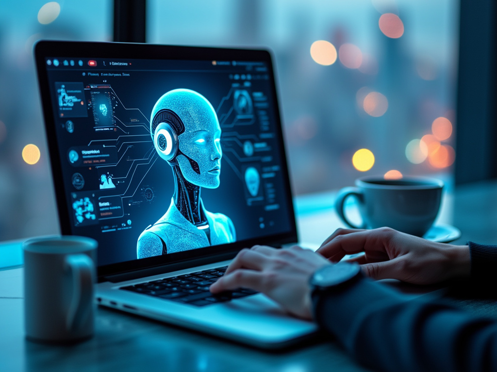 A person interacting with a laptop displaying a futuristic AI robot interface, while a coffee cup sits nearby in a tech-focused environment.