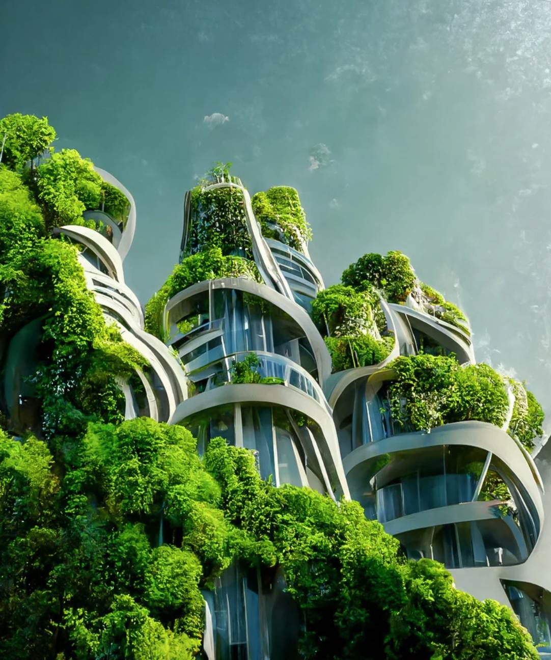 Futuristic spiraled towers surrounded by greenery and sky.