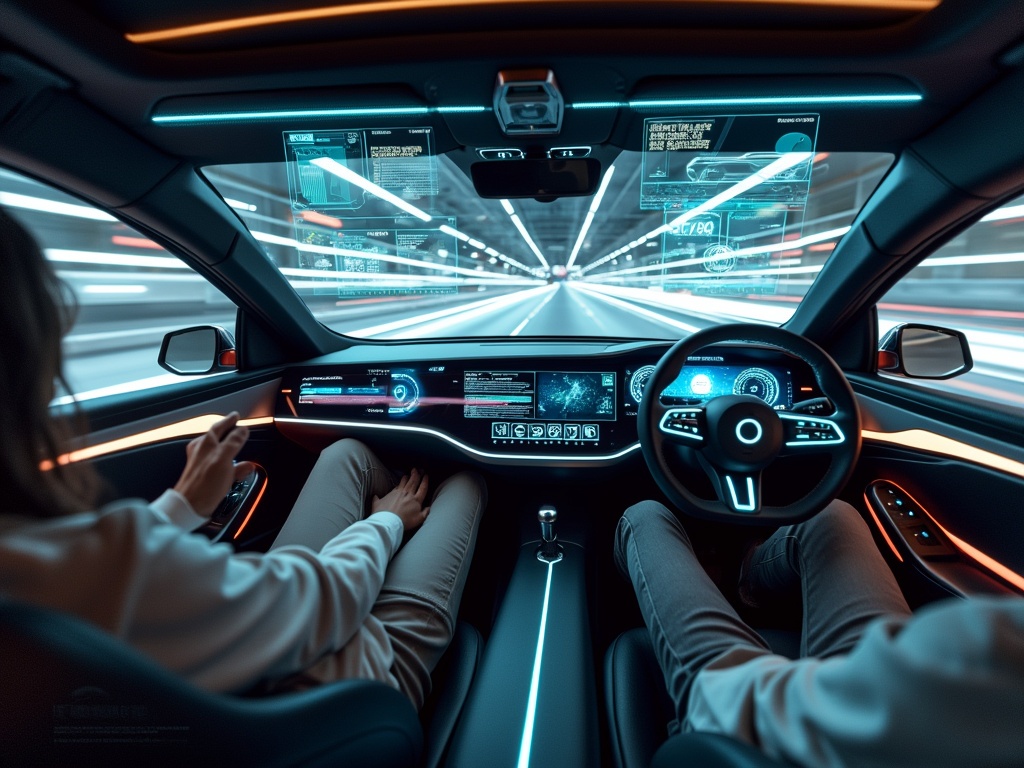 Interior of a modern vehicle with holographic displays