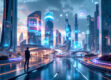 A futuristic cityscape featuring sleek architecture and glowing holograms, embodying advanced conversational AI technology.