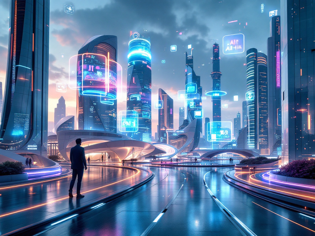 A futuristic cityscape featuring sleek architecture and glowing holograms, embodying advanced conversational AI technology.
