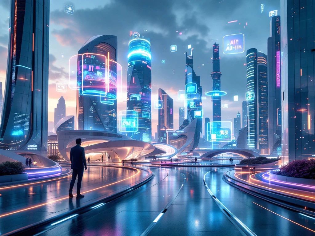 A futuristic cityscape featuring sleek architecture and glowing holograms, embodying advanced conversational AI technology.