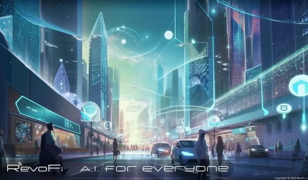 Futuristic cityscape with sleek skyscrapers and holograms