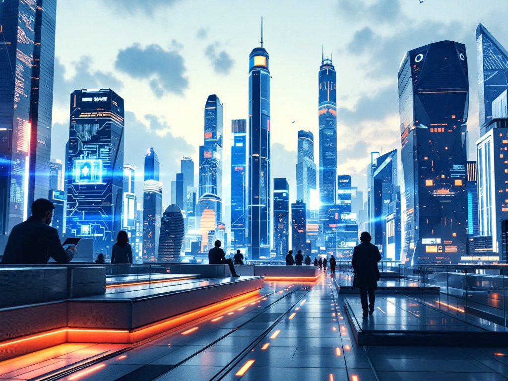 A sleek, futuristic cityscape featuring towering skyscrapers and glowing holographic displays, illustrating an advanced technological landscape.