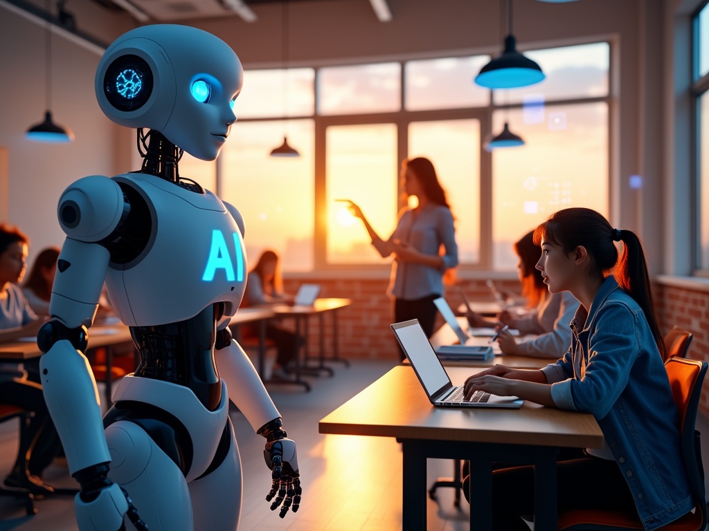 A futuristic classroom with students interacting with an AI figure.