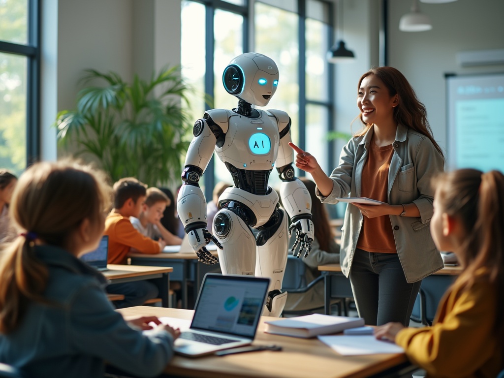 A futuristic classroom with a presenter and a holographic AI figure.