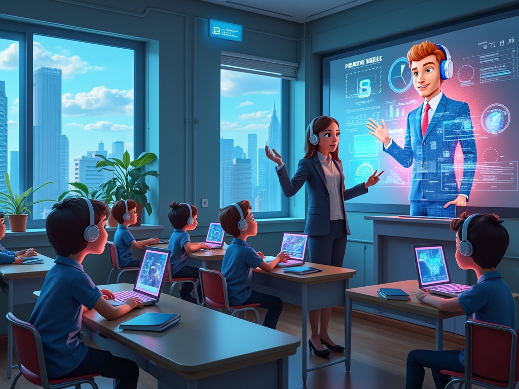 A classroom filled with students using headsets and holographic displays.