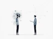 A minimalist, modern illustration depicting a futuristic conversation between a human and a disembodied AI agent using abstract geometric shapes.