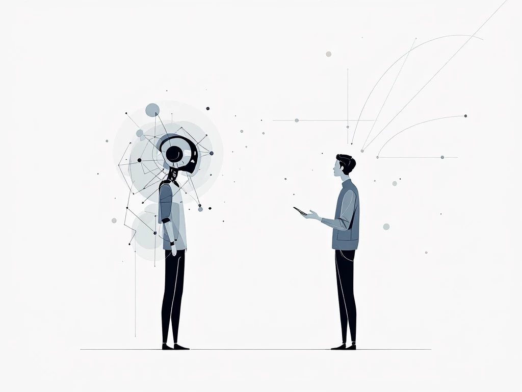 A minimalist, modern illustration depicting a futuristic conversation between a human and a disembodied AI agent using abstract geometric shapes.