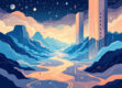A modern, minimalist illustration depicting a futuristic cybersecurity landscape with abstract geometric shapes and fluid lines.