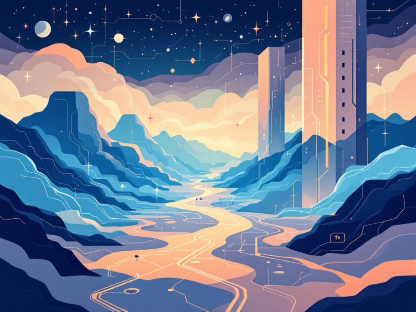 A modern, minimalist illustration depicting a futuristic cybersecurity landscape with abstract geometric shapes and fluid lines.