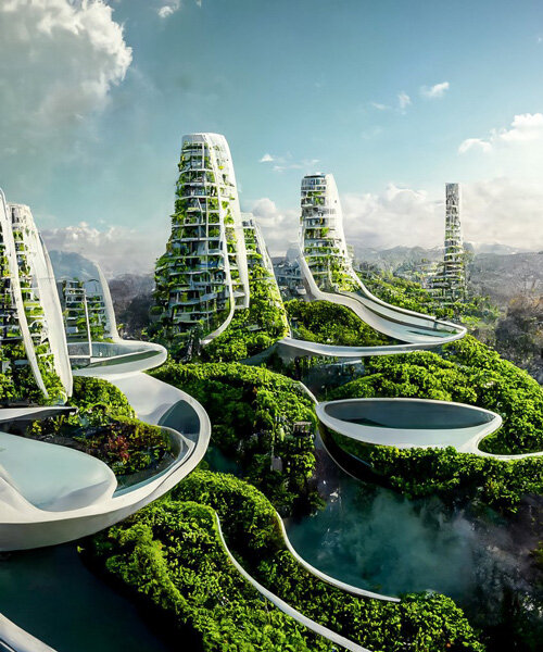 Futuristic eco-friendly destination with green structures.