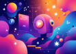 Modern, minimalist digital illustration featuring sleek geometric shapes and gradients in vibrant colors, representing the futuristic world of entertainment and chatbots.
