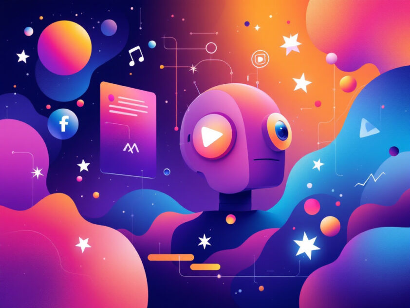 Modern, minimalist digital illustration featuring sleek geometric shapes and gradients in vibrant colors, representing the futuristic world of entertainment and chatbots.
