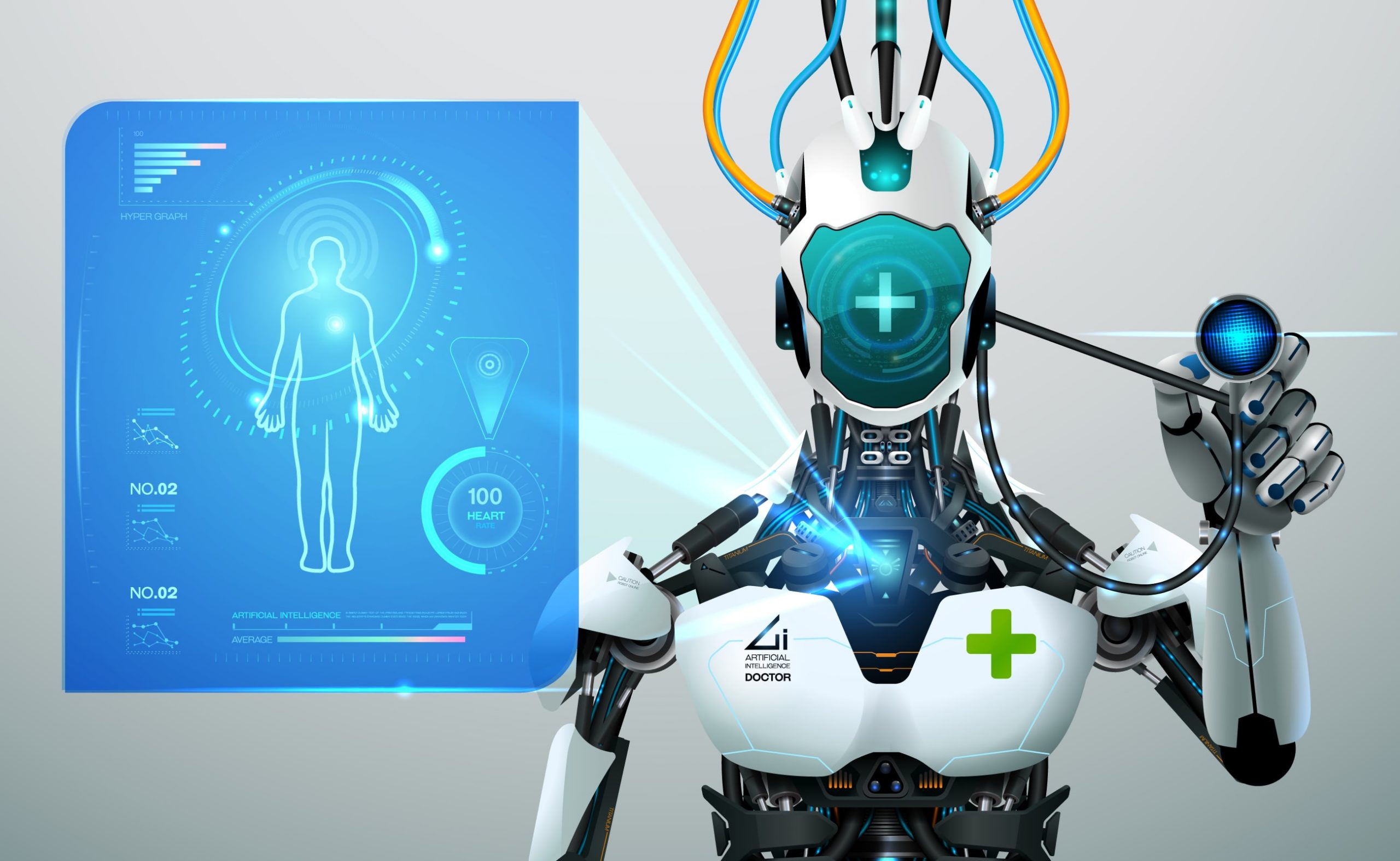 A futuristic robot healthcare provider with a stethoscope and digital metrics.