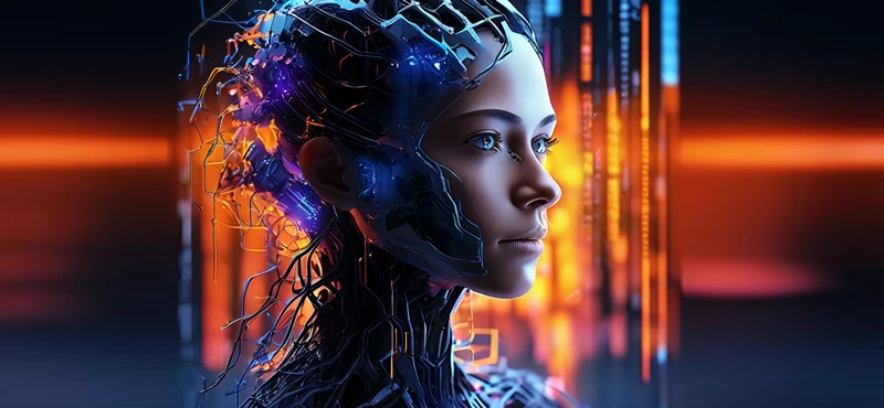 A humanoid figure with organic and robotic features in neon lights.
